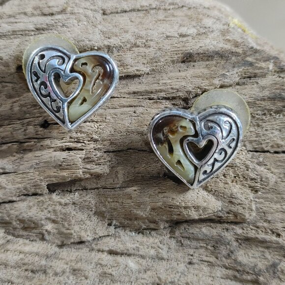 Brighton Stud Earrings Winslow Brown Heart Post Silver Tone Resin Heart Design - Picture 1 of 9